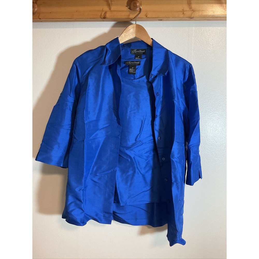 Karen Arnold Women’s M Blue Silk Shirt Set Vintage Fashion Elegant Basic Classic